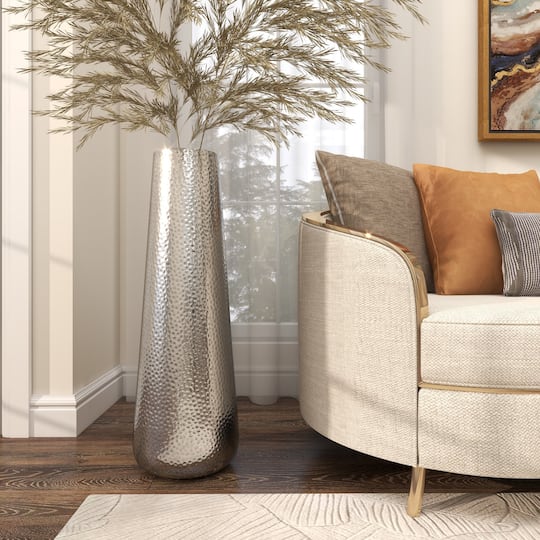 31" Silver Aluminum Tall Hammered Vase